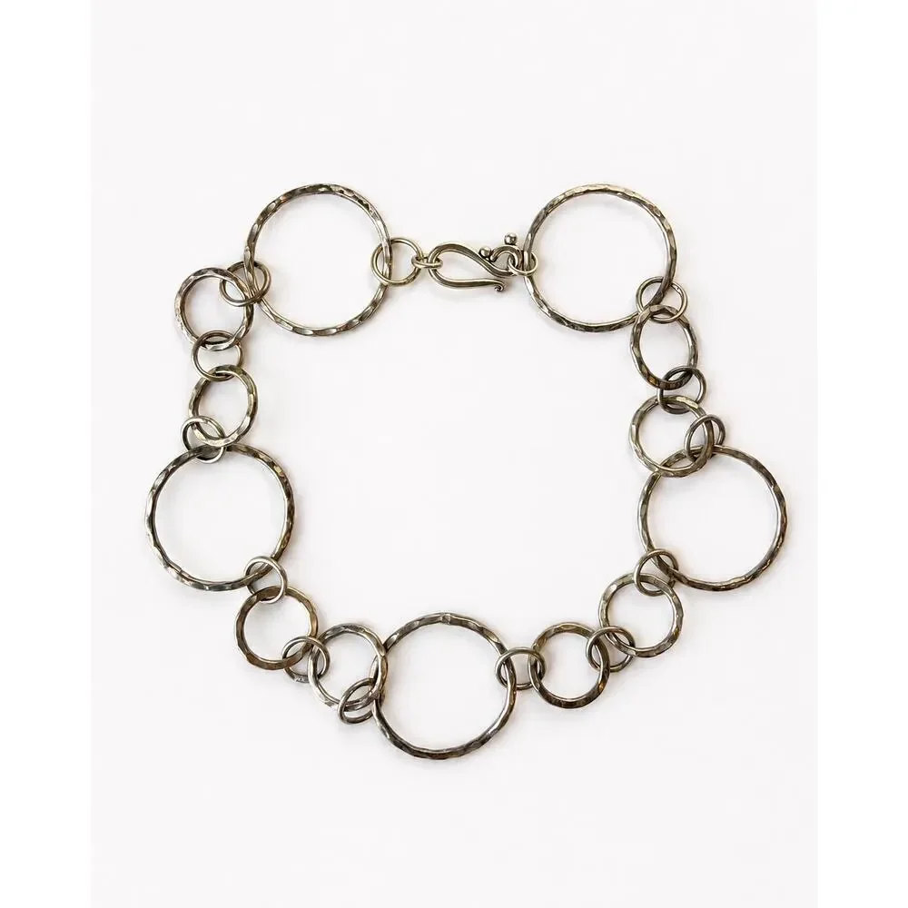 Sterling Silver 925 Hammered Circle Link Choker Necklace 15” Artisan Modernist